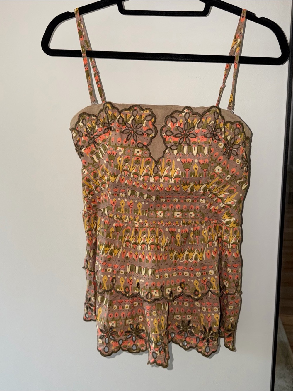 Floreat Anthropologie Strapless Peplum Top Brown Floral Eyelet Embroidered Sz 10